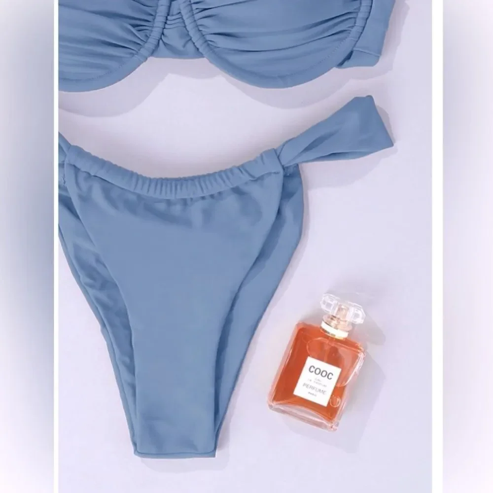 NWT Hilinker Blue Ruched Bikini Criss Cross Back High Cut Swimsuit Set Sz M